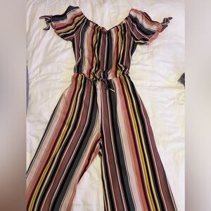 Off-Shoulder Vertical Stripe Floor Length Romper